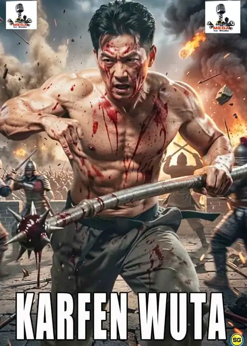 Indian Hausa Films Kareen Wuta movie poster with a fierce man in a battle scene. | Arewa Movies TV