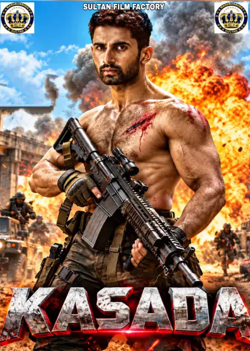 Indian Hausa Films KASADA Indian Hausa film poster with a muscular man holding a gun amid explosions. | Arewa Movies TV