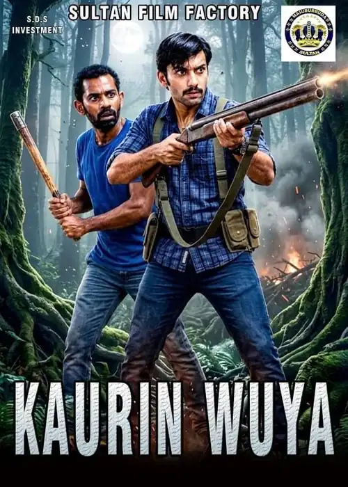 Indian Hausa Films Kaurin Wuya movie poster with two men in a forest, one holding a rifle, the other with a stick. | Arewa Movies TV