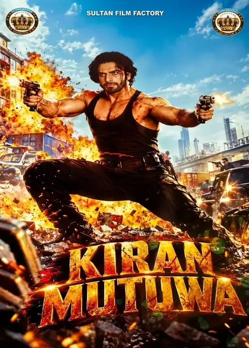 Indian Hausa Films Kiran Mutuwa Sultan movie poster with a man holding guns in an action scene. | Arewa Movies TV