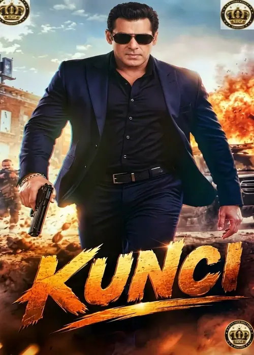 Indian Hausa Films Kunci movie poster featuring a man in a black suit holding a gun with explosions in the background. | Arewa Movies TV