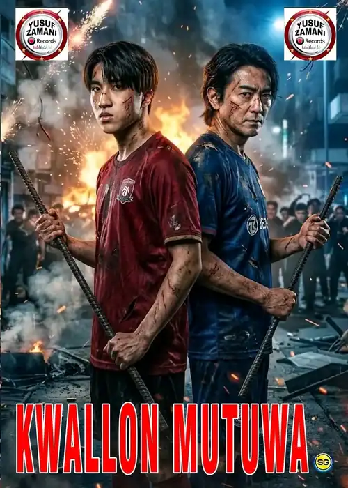 Indian Hausa Films Kwallon Mutuwa Yusuf Zamani poster: two men back-to-back holding rods amid flames and city street. | Arewa Movies TV