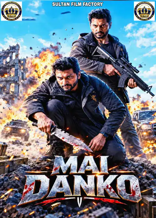 Indian Hausa Films Mai Dako movie poster with two men holding guns amid explosions. | Arewa Movies TV