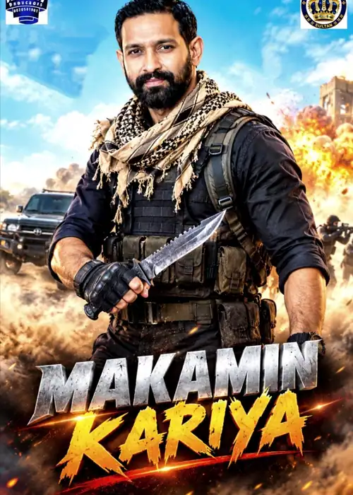 Indian Hausa Films Makamin Kariya movie poster with a man holding a knife, city in background, and explosion. | Arewa Movies TV