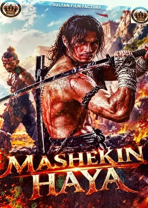 Indian Hausa Films Mashekin Haya movie poster featuring a fierce warrior woman with a sword, set against a fiery battel. | Arewa Movies TV