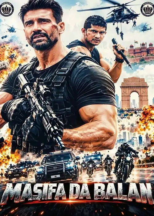 Indian Hausa Films Indian action movie poster with two men, helicopters, and explosions, titled 'Masifa Da Balan'. | Arewa Movies TV