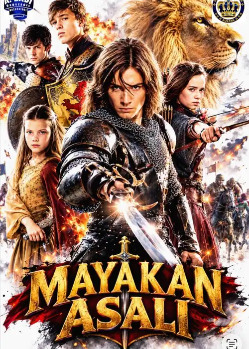 Indian Hausa Films Mayakan Asali film poster with knights, lion, and young characters. | Arewa Movies TV