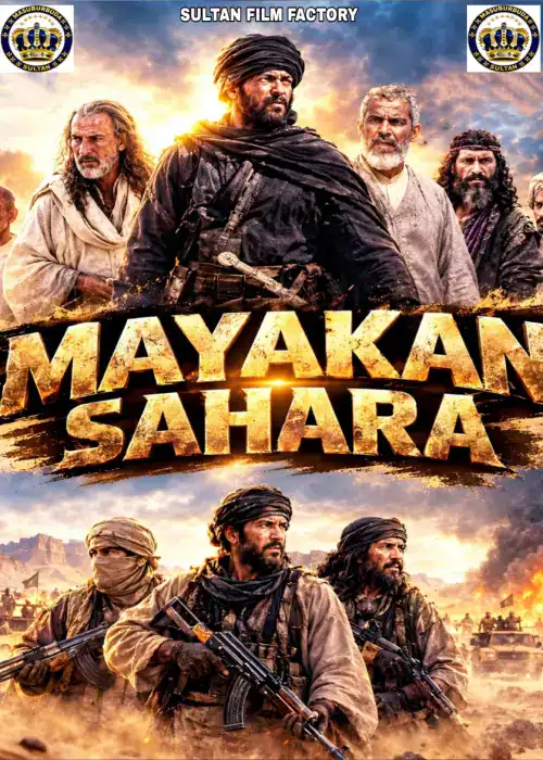 Indian Hausa Films Mayakan Sahara movie poster with armed men and desert background. | Arewa Movies TV
