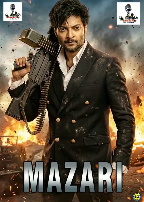 Indian Hausa Films Mazari movie poster featuring a man in a black suit holding a gun, with explosions in the background. | Arewa Movies TV