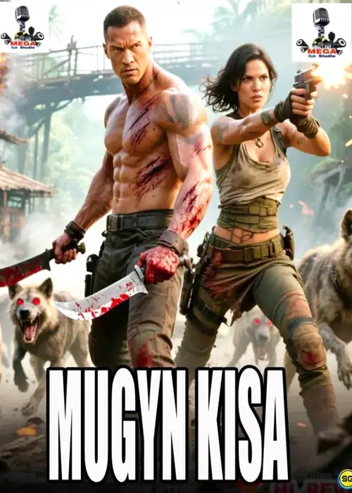 Indian Hausa Films Mugun Kisa movie poster featuring a muscular man and a woman with guns in a jungle setting. | Arewa Movies TV