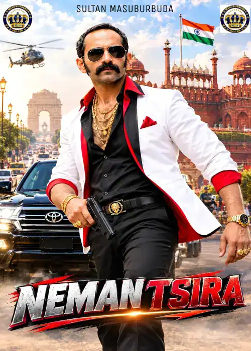 Indian Hausa Films Neman Tsira movie poster featuring a man in sunglasses holding a gun in front of India Gate. | Arewa Movies TV