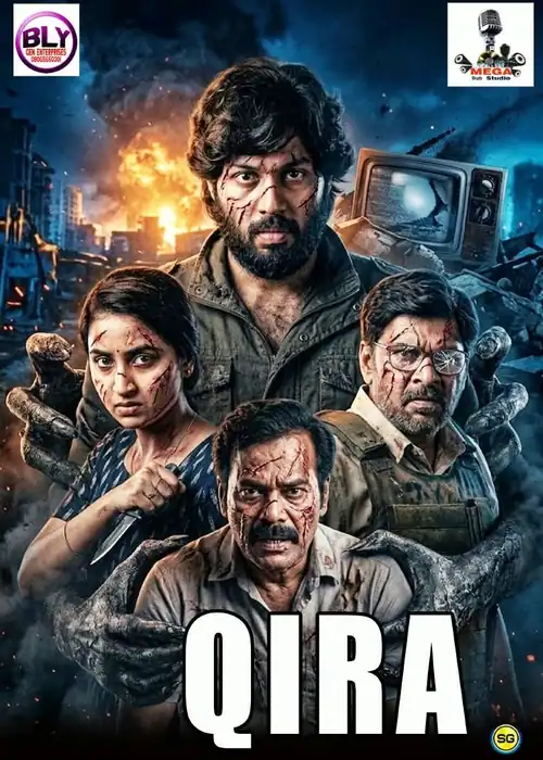 Indian Hausa Films QIRA movie poster with four characters in front of a city explosion scene. | Arewa Movies TV
