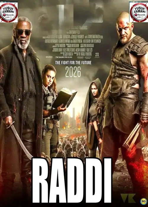 Indian Hausa Films Raddi movie poster with two muscular men and two women in a post-apocalyptic scene. | Arewa Movies TV