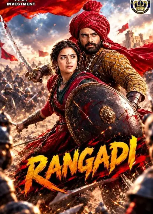 Indian Hausa Films Rangadi Sultan movie poster featuring a warrior with a sword and shield in battle. | Arewa Movies TV
