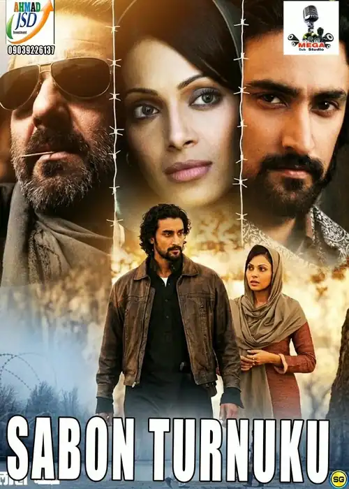 Indian Hausa Films SABON TURNUKU movie poster with three main characters and barbed wire background. | Arewa Movies TV