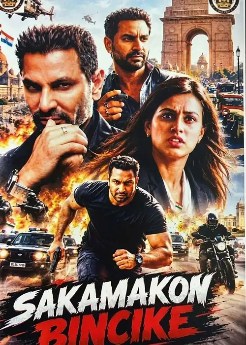 Indian Hausa Films Sakamakon Bincike movie poster with three main characters and Indian city background. | Arewa Movies TV