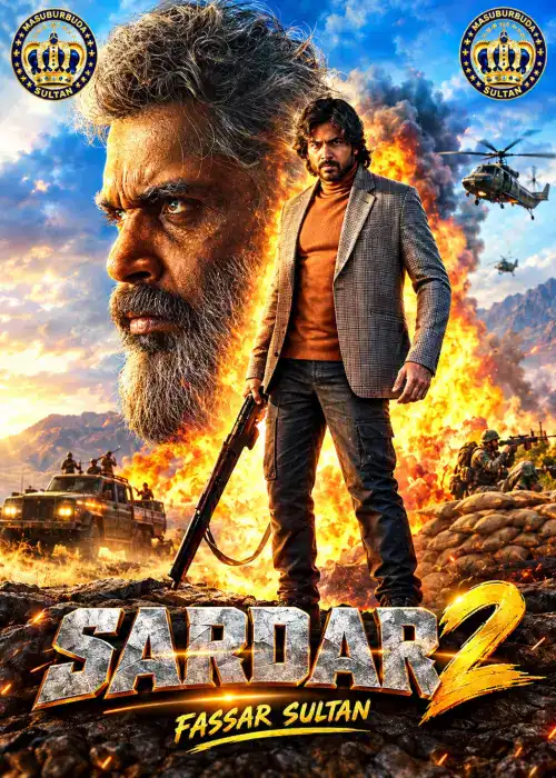 Indian Hausa Films Sardar 2 movie poster with a man holding a gun, large face of an older man, explosions, and military. | Arewa Movies TV