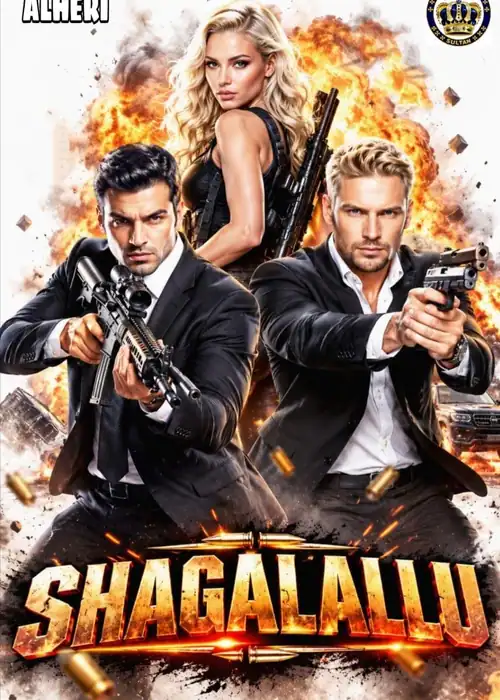 Indian Hausa Films Shagalallu Sultan movie poster with three characters holding guns and explosions in background. | Arewa Movies TV