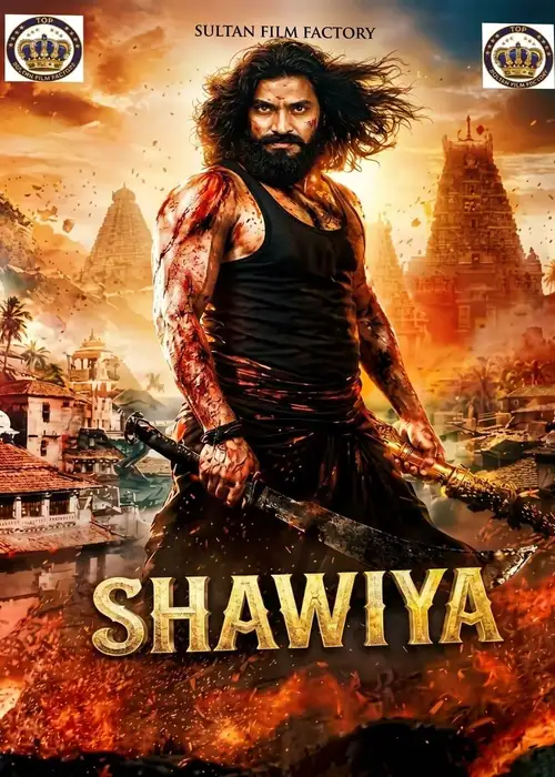 Indian Hausa Films Shawiya Sultan film poster featuring a fierce warrior with a sword in front of ancient temples. | Arewa Movies TV