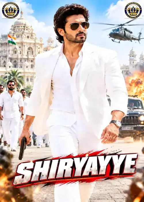Indian Hausa Films Shiriyayye movie poster with a man in white suit holding a gun in front of a palace. | Arewa Movies TV
