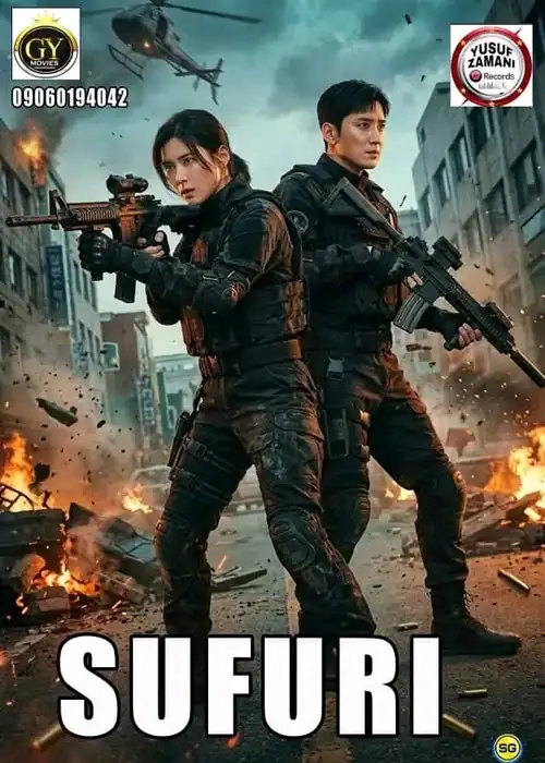 Indian Hausa Films Sufuri movie poster with two armed characters in a city under attack. | Arewa Movies TV