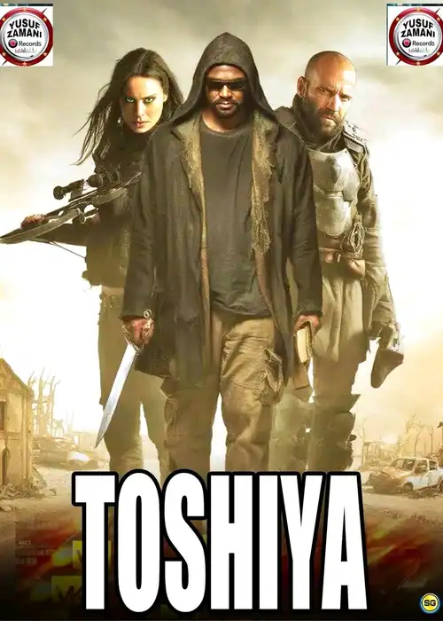 Indian Hausa Films Toshiya movie poster with three characters in a post-apocalyptic setting. | Arewa Movies TV