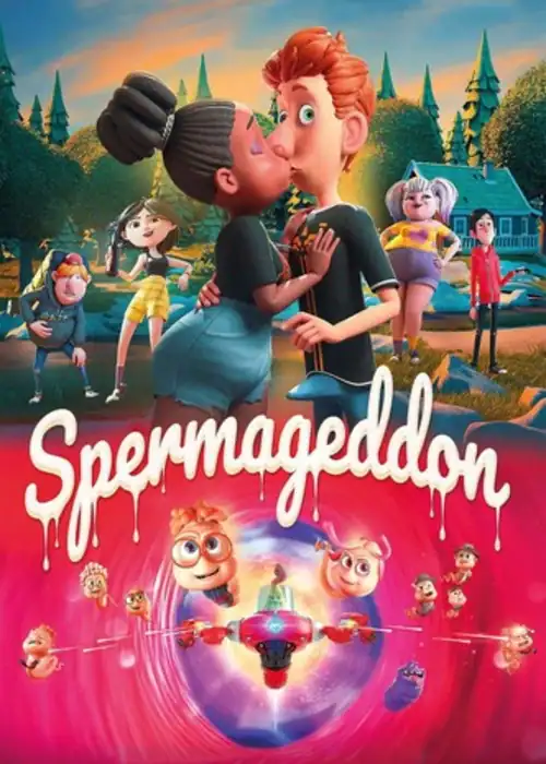 Indian Hausa Films Spermaageddon animated movie poster with characters kissing and flying drone in background. | Arewa Movies TV