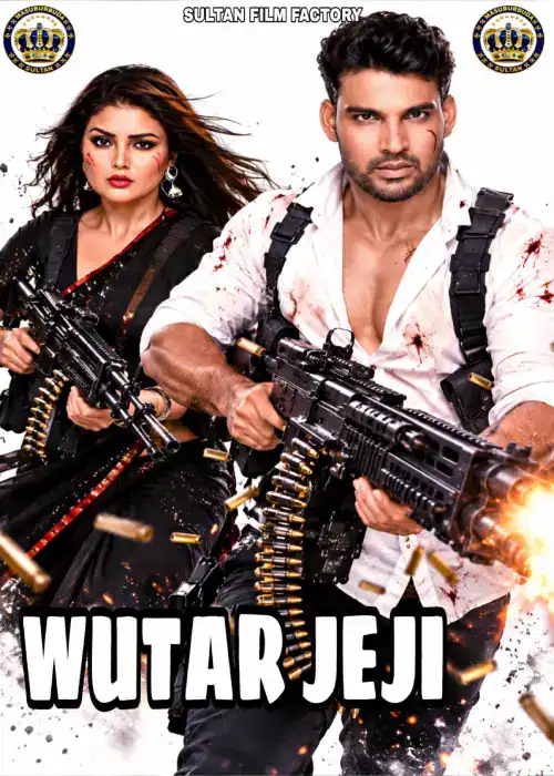 Indian Hausa Films Wutar Jeji movie poster featuring a man and woman with guns, intense expressions, and explosive fire. | Arewa Movies TV