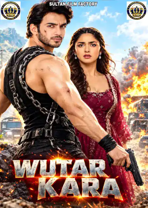 Indian Hausa Films Wutar Kara movie poster with a man holding a gun and a woman in a red dress, explosions in the背景. | Arewa Movies TV
