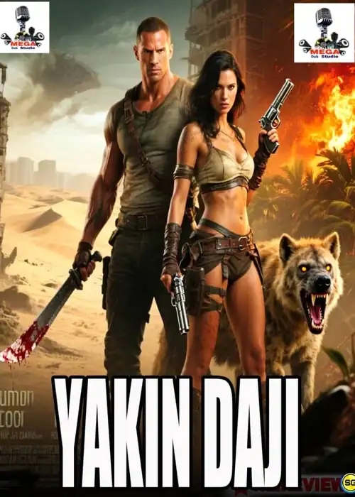 Indian Hausa Films Yakin Daji movie poster with two characters holding guns and a dog in a desert scene. | Arewa Movies TV