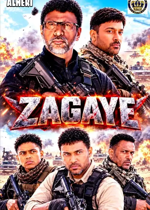 Indian Hausa Films Zagaye poster with four armed men, explosion background, and title text. | Arewa Movies TV