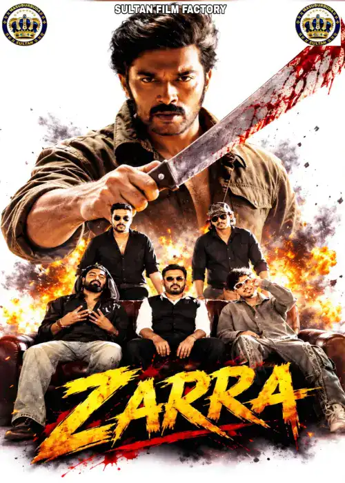 Indian Hausa Films Zarra movie poster featuring a man with a knife and five men in the background with fire. | Arewa Movies TV