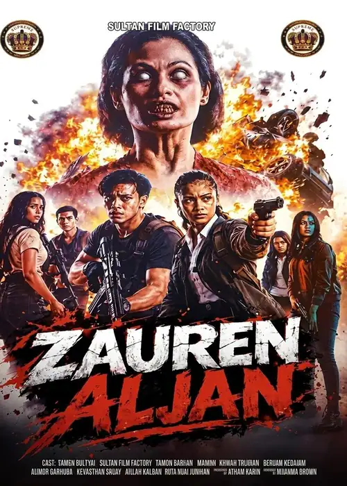 Indian Hausa Films Zauren Alan movie poster with characters and explosions in the background. | Arewa Movies TV