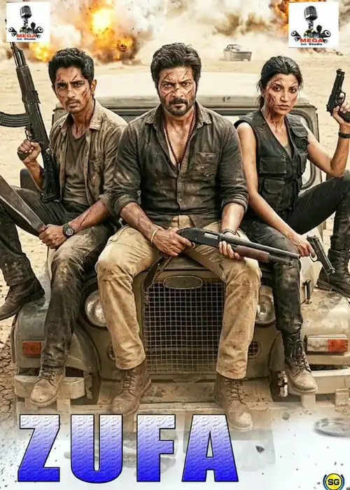 Indian Hausa Films Zufa movie poster with three characters holding guns in a desert scene. | Arewa Movies TV